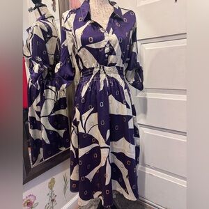 Shirred-Waist Purple & White Pattern Midi Dress